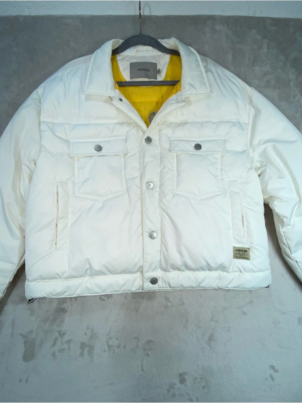 Hudson HDSN white Free Thinkers Puffer Trucker jacket.